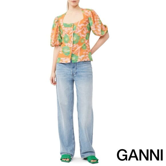 GANNI **NWT** Button-Up Puff Sleeve Crepe Blouse Vibrant Orange / Green Floral - Picture 10 of 16